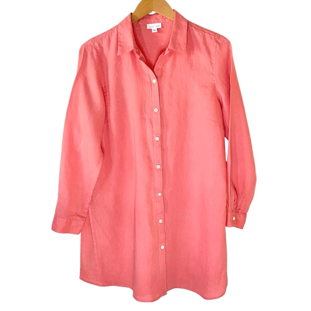 J. Jill Linen Button Up Tunic Coverup Mini Shirtdress Coral Salmon Vacation M